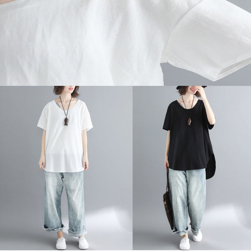 French Black Linen Long Shirts Design O Neck Tops