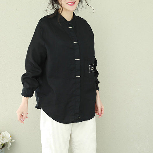 French Black Linen Blouses for Omychic Inspiration Stand Collar Loose Shirts
