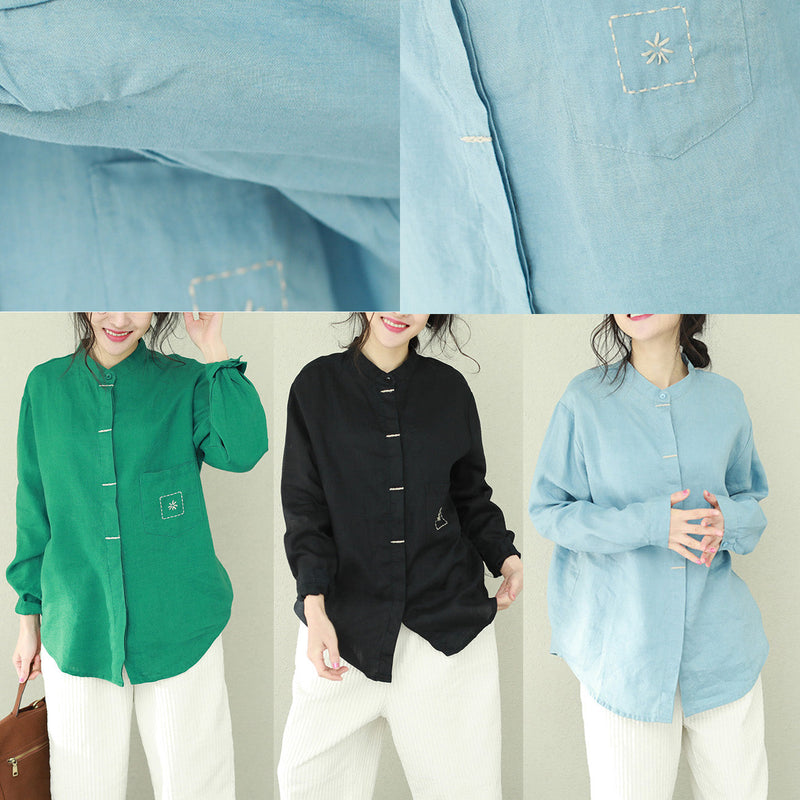 French Black Linen Blouses for Omychic Inspiration Stand Collar Loose Shirts