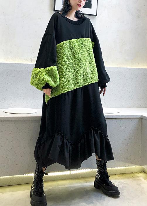 French Black Patchwork Cotton Tunic Top Ruffles Long Winter Dress