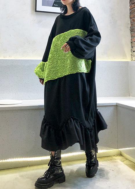 French Black Patchwork Cotton Tunic Top Ruffles Long Winter Dress