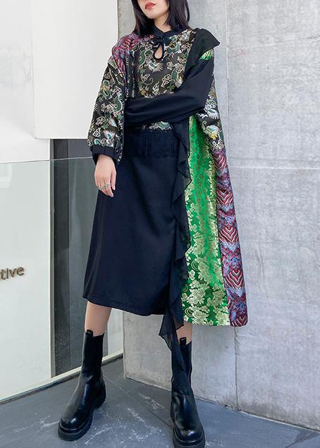 French Black Patchwork Print Dresses O Neck Lace Robe Dresses