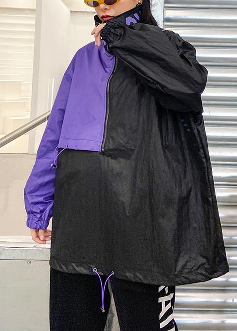 French Black Patchwork Purple Top Fabrics Drawstring Blouse