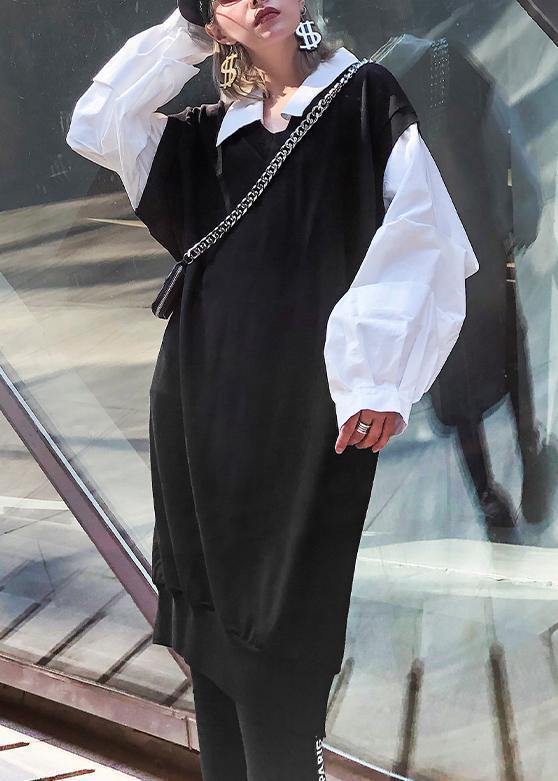French Black Patchwork White Cotton Tunic Dress Lapel Cinched Long Dress