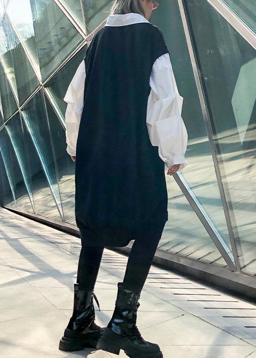 French Black Patchwork White Cotton Tunic Dress Lapel Cinched Long Dress