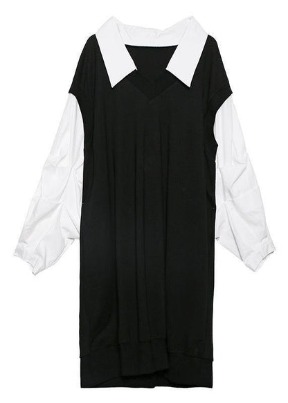 French Black Patchwork White Cotton Tunic Dress Lapel Cinched Long Dress