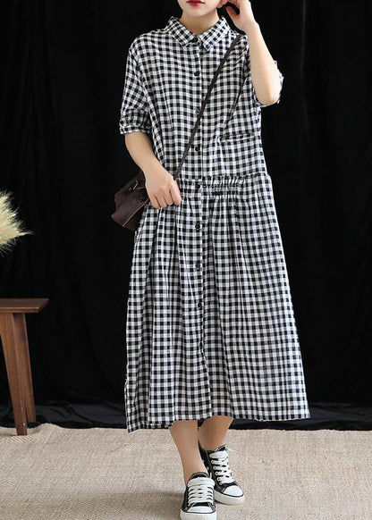 French Black Plaid Linen Long Shirts Lapel Cinched Cotton Robes Dress