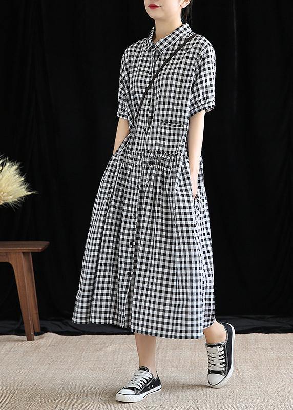 French Black Plaid Linen Long Shirts Lapel Cinched Cotton Robes Dress