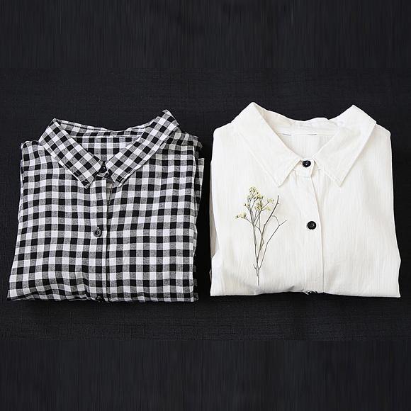 French Black Plaid Linen Long Shirts Lapel Cinched Cotton Robes Dress
