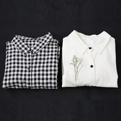 French Black Plaid Linen Long Shirts Lapel Cinched Cotton Robes Dress