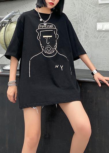 French Black Print Cotton Blouse O Neck Baggy Top