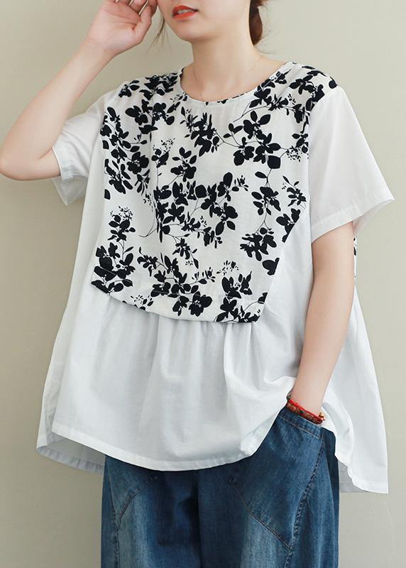 French Black Print Cotton Clothes for O Neck Patchwork Art Blouses
