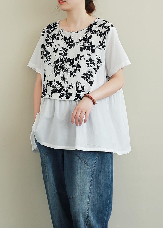 French Black Print Cotton Clothes for O Neck Patchwork Art Blouses