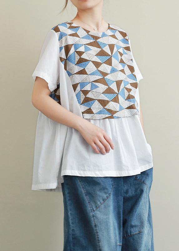 French Black Print Cotton Clothes for O Neck Patchwork Art Blouses