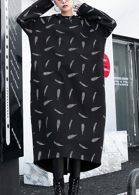 French Black Print Cotton Clothes Hooded Pockets a Line Dress