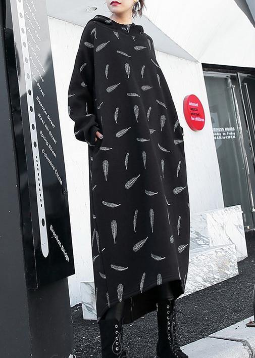 French Black Print Cotton Clothes Hooded Pockets a Line Dress