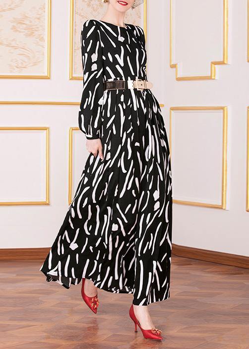 French Black Prints Chiffon Clothes Tie Waist Maxi Big Hem Dress