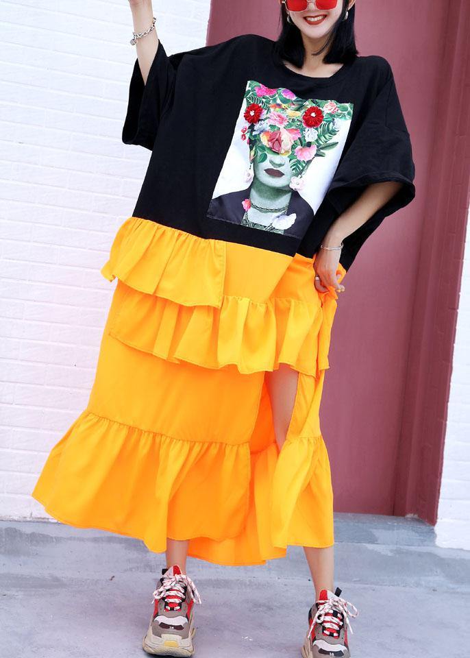 French Black Prints Cotton Clothes Asymmetric Hem Ruffles Loose Summer Dress