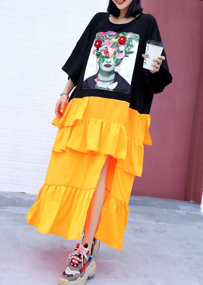 French Black Prints Cotton Clothes Asymmetric Hem Ruffles Loose Summer Dress