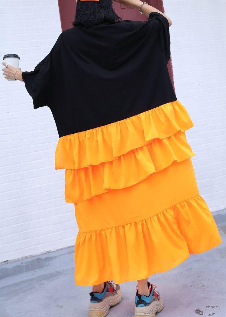 French Black Prints Cotton Clothes Asymmetric Hem Ruffles Loose Summer Dress