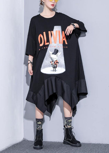 French Black Prints Cotton Clothes Asymmetric Hem Robe Summer Dress