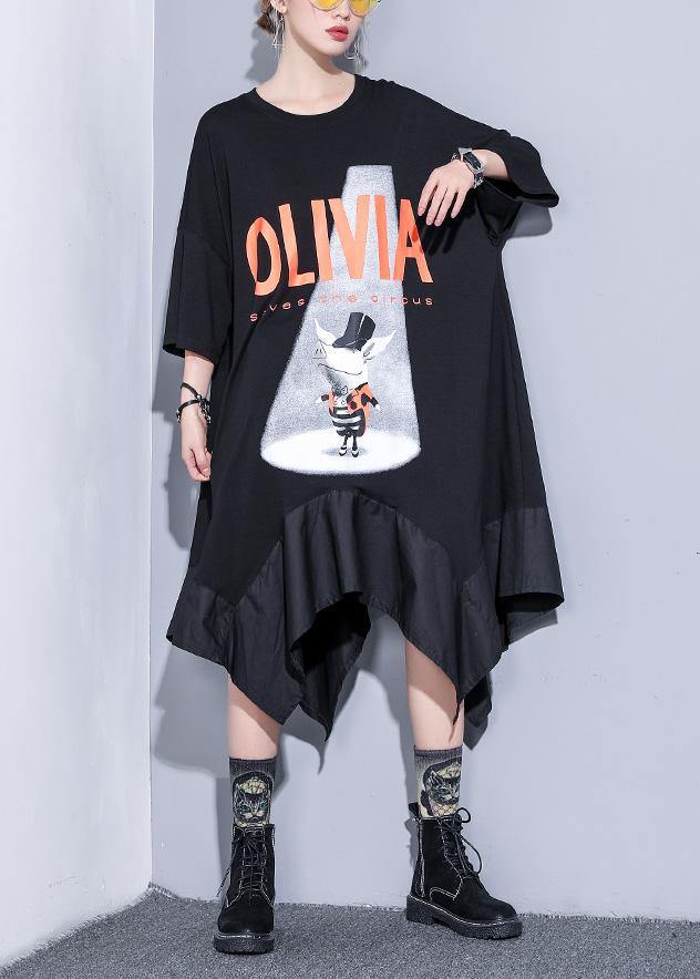 French Black Prints Cotton Clothes Asymmetric Hem Robe Summer Dress