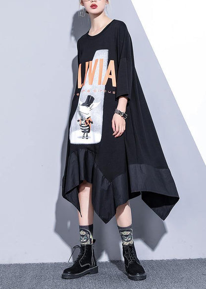 French Black Prints Cotton Clothes Asymmetric Hem Robe Summer Dress