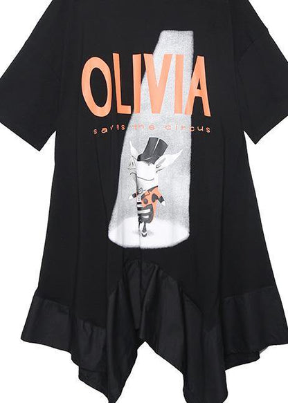 French Black Prints Cotton Clothes Asymmetric Hem Robe Summer Dress
