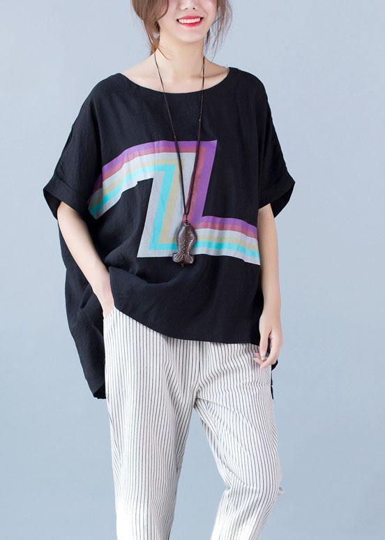 French Black Prints Linen Shirts Short Sleeve Clothing Summer Shirts