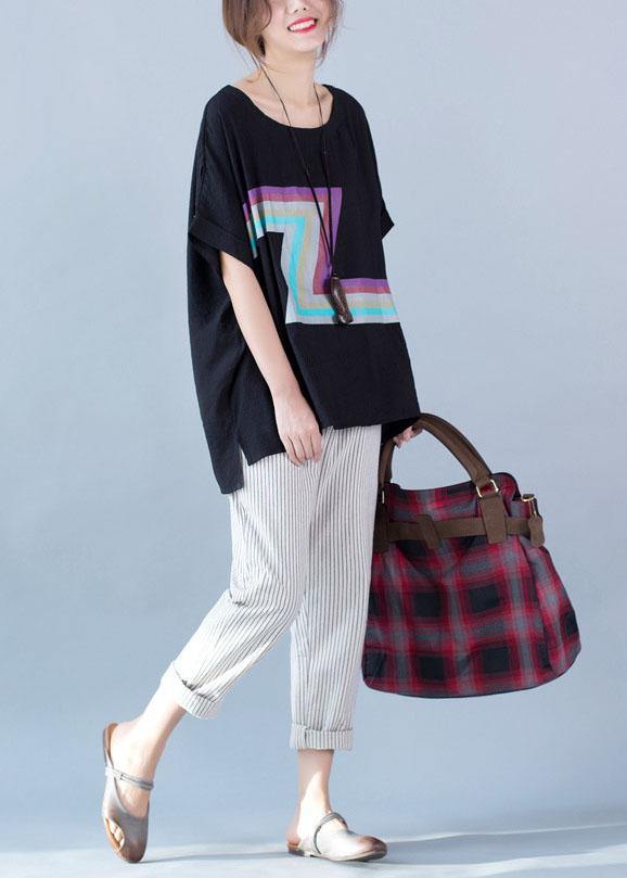 French Black Prints Linen Shirts Short Sleeve Clothing Summer Shirts