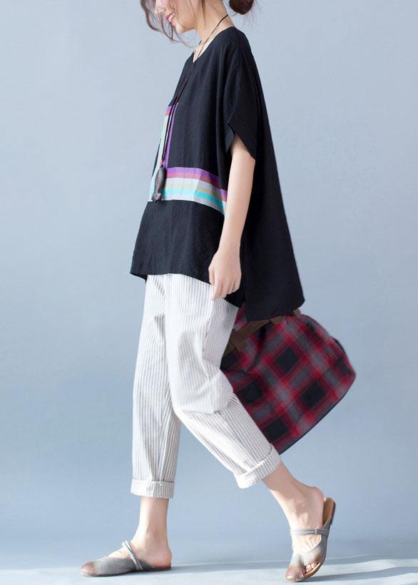 French Black Prints Linen Shirts Short Sleeve Clothing Summer Shirts