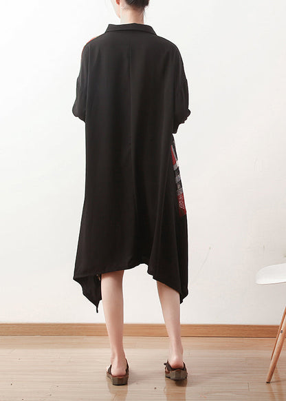 French Black Silk Dresses Indian Pattern Patchwork Kaftan Summer Dresses