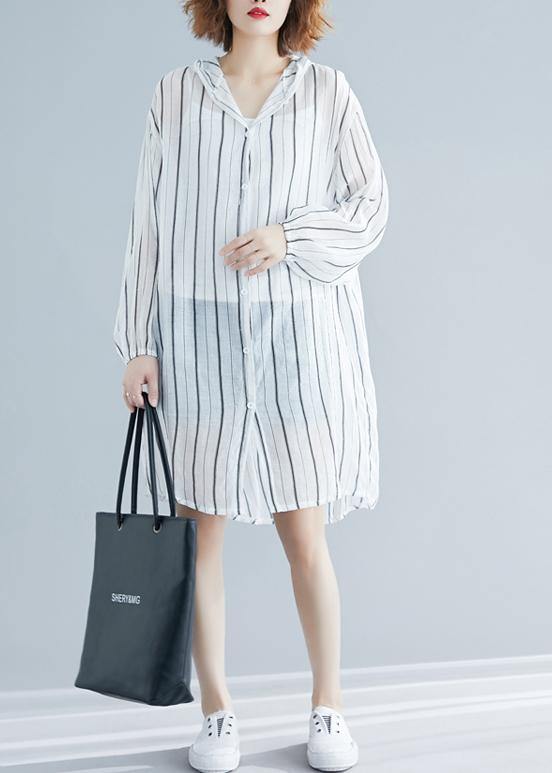French Black Striped Chiffon Box Top Hooded Daily Summer Shirts