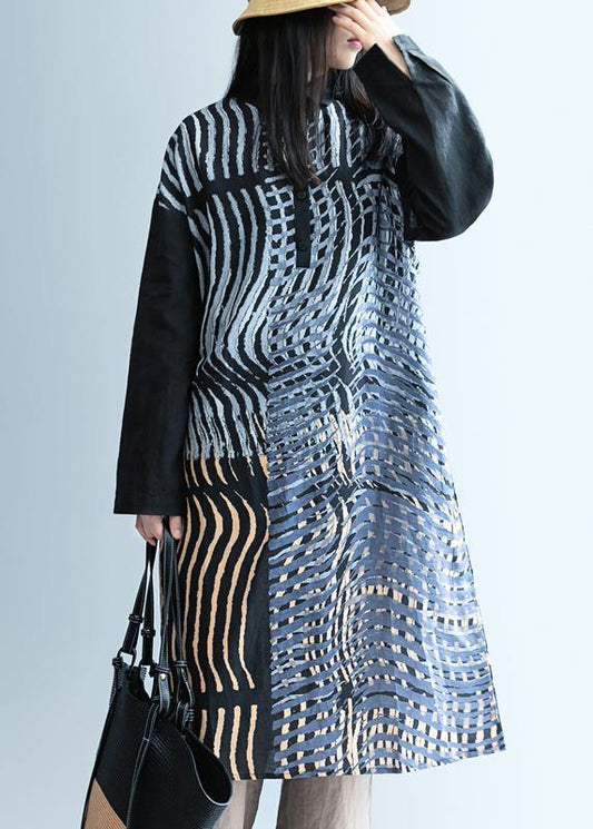 French Black Striped Clothes Lapel Patchwork Short Dress