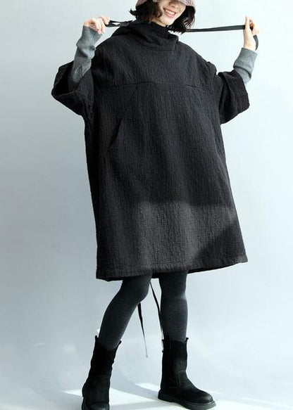French Black Thick Cotton Clothes for Hooded Traveling Winter Dress