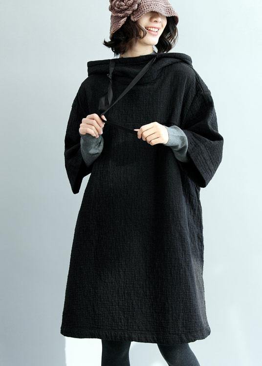 French Black Thick Cotton Clothes for Hooded Traveling Winter Dress