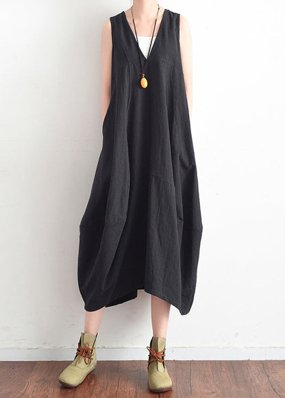 French Green V Neck Linen Clothes for Stylish Design Sleevless Loose Summer Dress