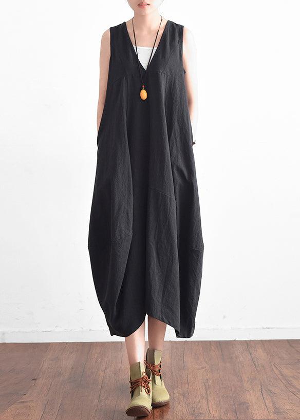 French Green V Neck Linen Clothes for Stylish Design Sleevless Loose Summer Dress
