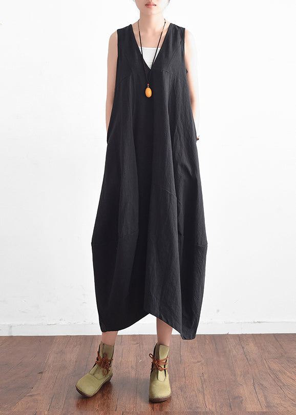 French Black V Neck Linen Clothes for Stylish Design Sleevless Loose Summer Dress