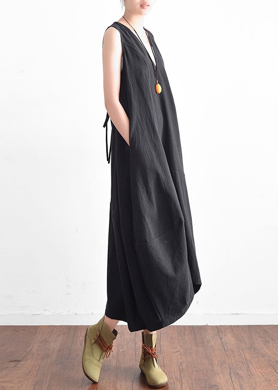French Black V Neck Linen Clothes for Stylish Design Sleevless Loose Summer Dress