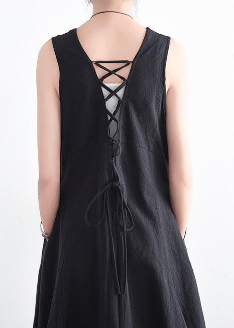 French Black V Neck Linen Clothes for Stylish Design Sleevless Loose Summer Dress