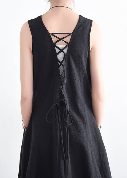 French Red V Neck Linen Clothes for Stylish Design Sleevless Loose Summer Dress