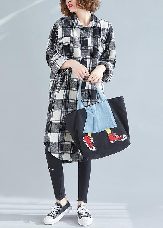 French black white plaid cotton top silhouette lapel pockets cotton tops