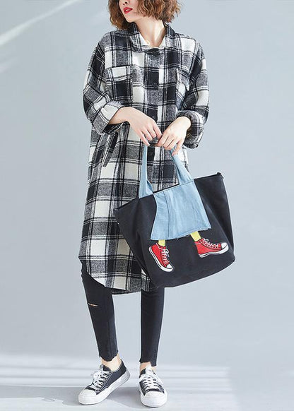 French black white plaid cotton top silhouette lapel pockets cotton tops