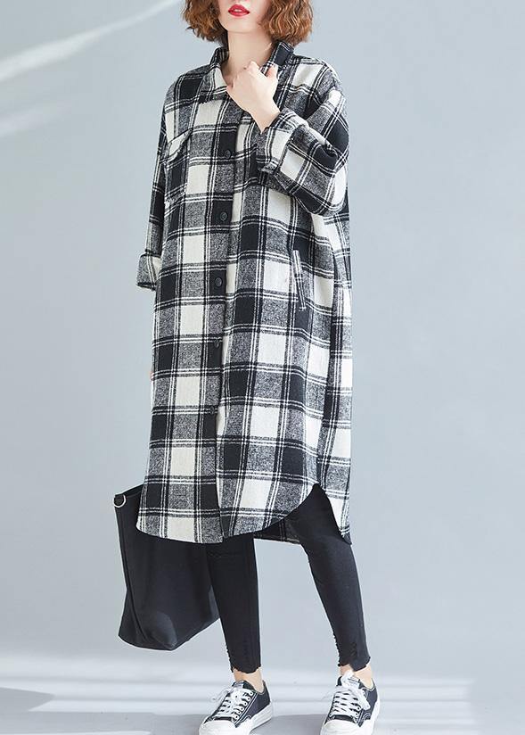 French Black White Plaid Cotton Top Silhouette Lapel Pockets Cotton Tops