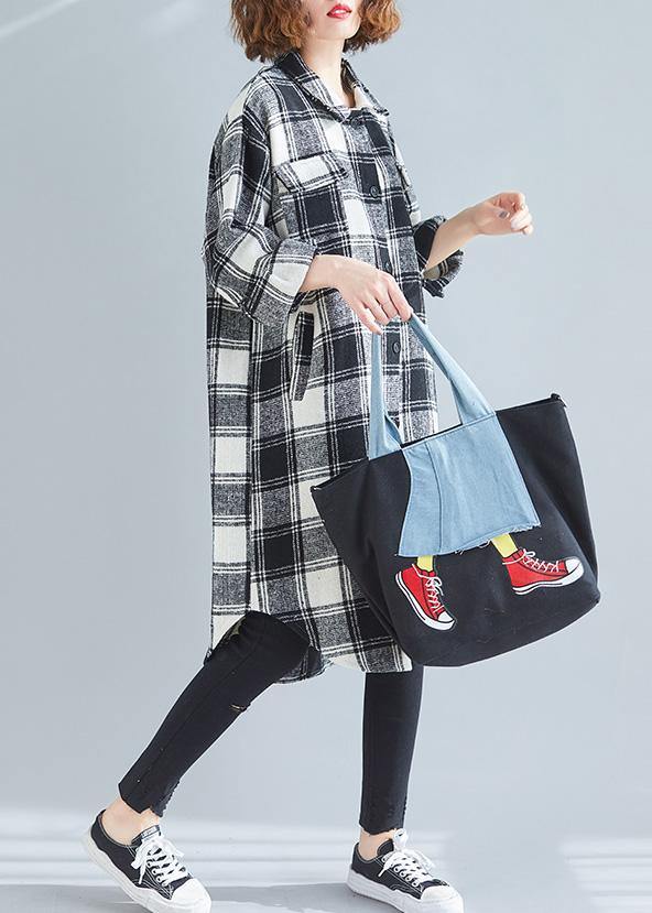 French black white plaid cotton top silhouette lapel pockets cotton tops