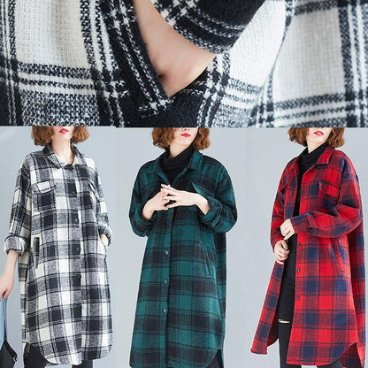 French black white plaid cotton top silhouette lapel pockets cotton tops
