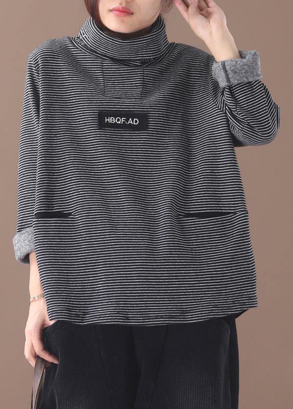 French Black White Striped Cotton Blouse Thick Box High Neck Shirt