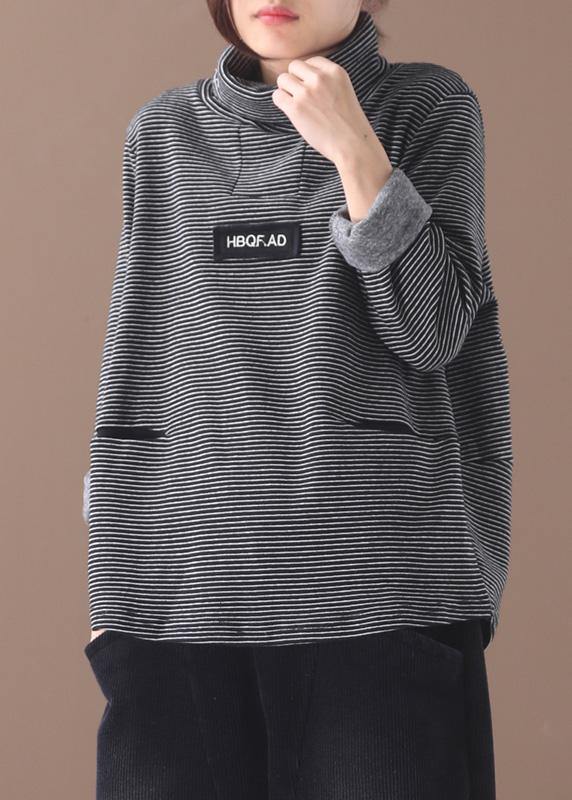French Black White Striped Cotton Blouse Thick Box High Neck Shirt