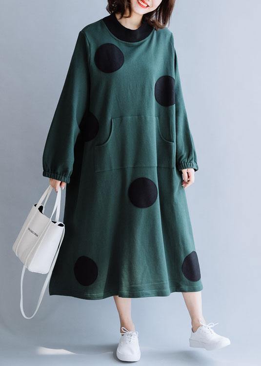 French Blackish Green Cotton Dresses Patchwork Pockets Loose Fall Dresses